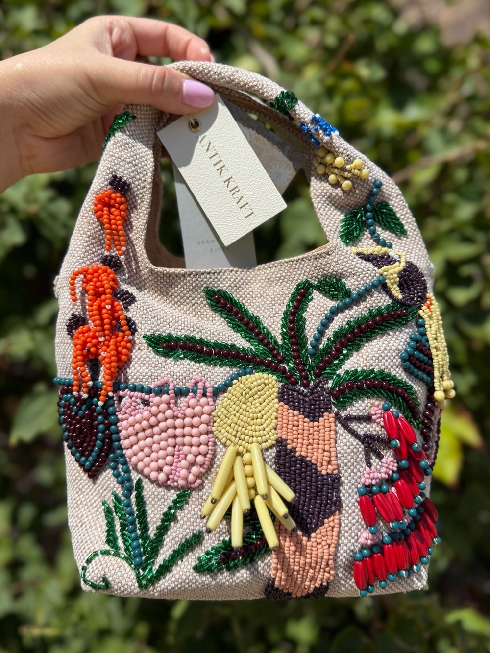 NWT Antik Kraft Canvas Woven Toucan Tropical Jungle Summer Beaded Top Handle Bag